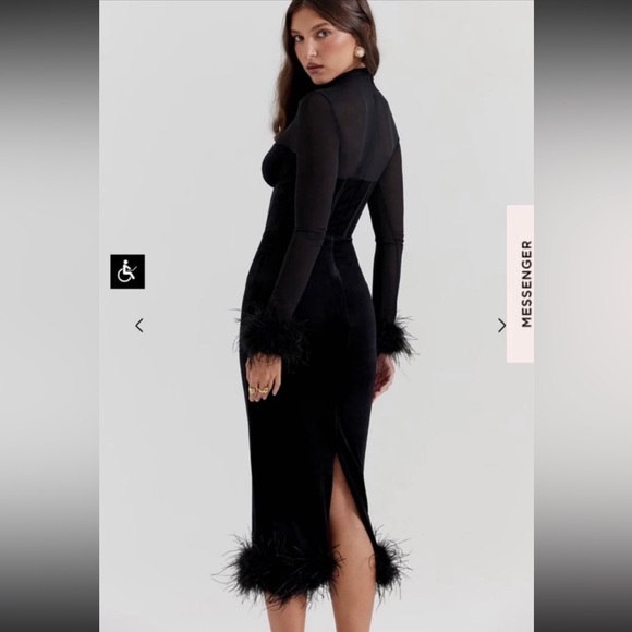 House of CB Lianna Velvet Mesh Feather Black Midi Cocktail Dress - Picture 3 of 8